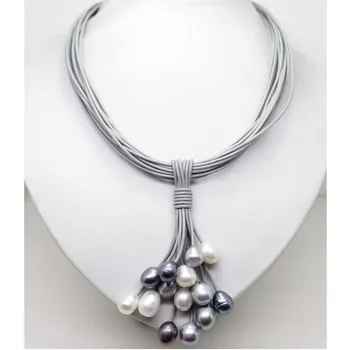 

17 inches 15 Rows Gray Leather Cord Multicolor Oval Pearl Women Pendent Necklace
