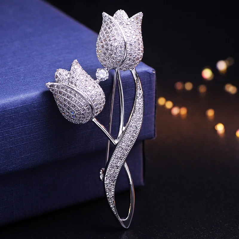 1 Pcs Silver color Tulip Flower CZ Brooch Pin Elegant Rose Flower Cubic Zircon Brooches For Wedding Costume Accessories Jewelry 1 Pcs Silver color Tulip Flower CZ Brooch Pin Elegant Rose Flower Cubic Zircon Brooches For Wedding Costume Accessories Jewelry