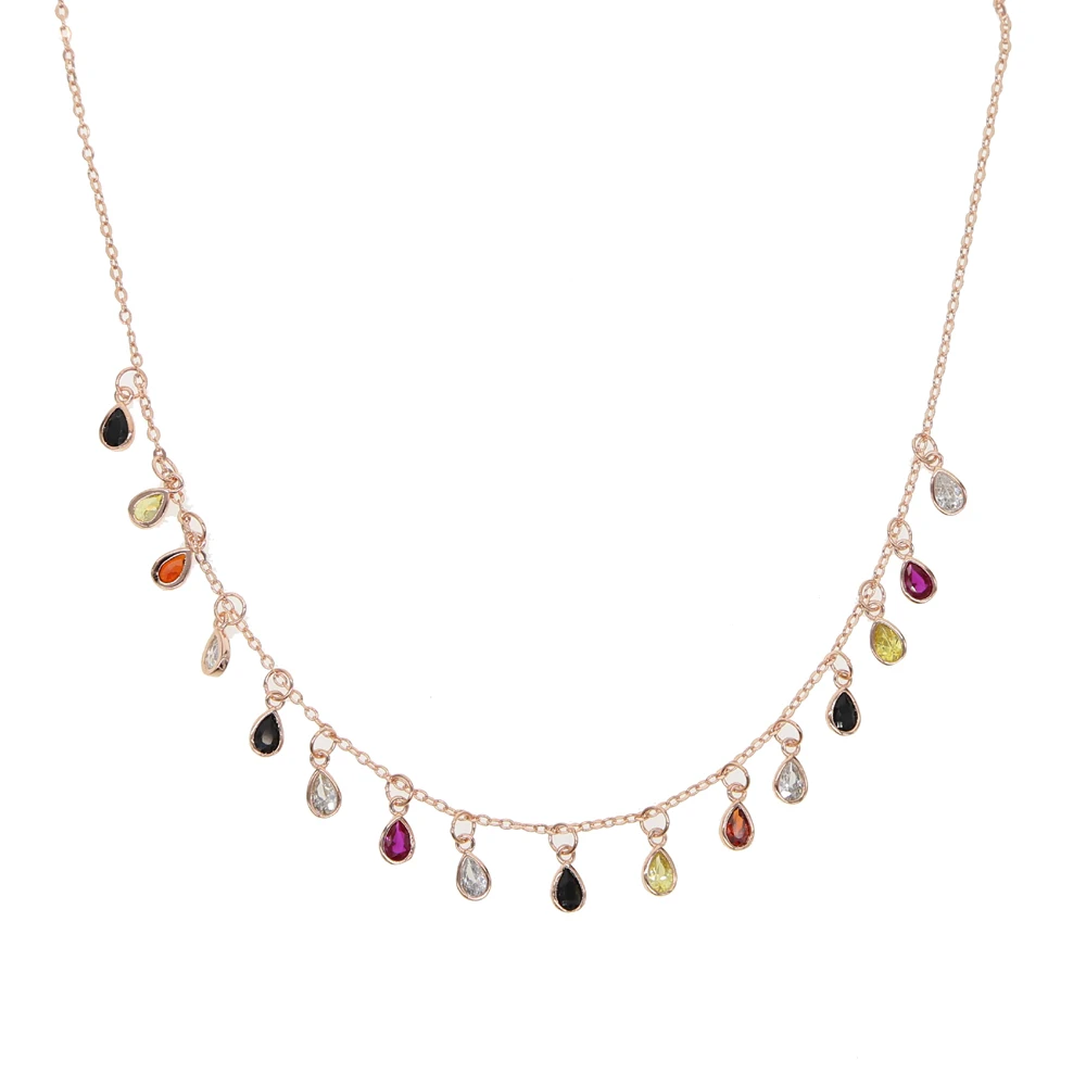 

Hot sale beautiful drop colorful cz mulity charm paved rose gold color choker necklace for girl women party wedding nice jewelry