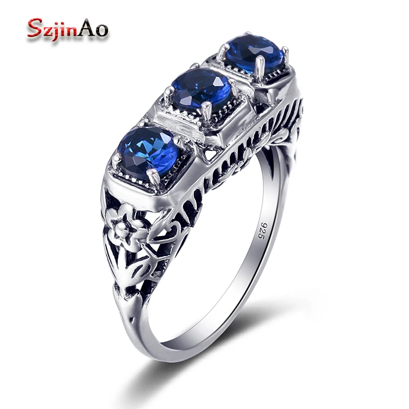 

Szjinao Bohemian Big Ring Vintage Party Finger Ring Sets Blue Stone Sappihre 925 sterling silver jewelry rings Wholesale