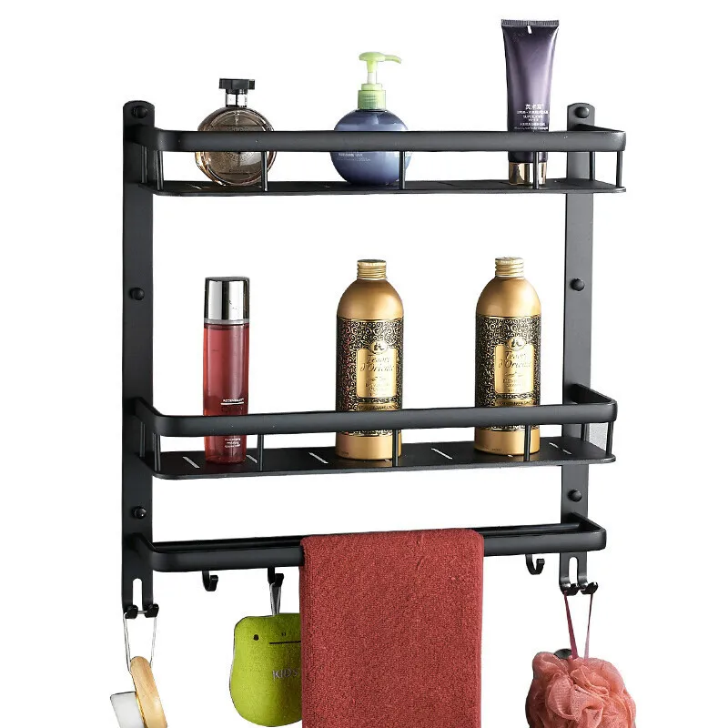 

Bathroom Shelf Aluminium Bath Shower Rack Bath Shower Shelf Bath Shower Caddy Holder Wall Mounted Black Corner shelf with hooks