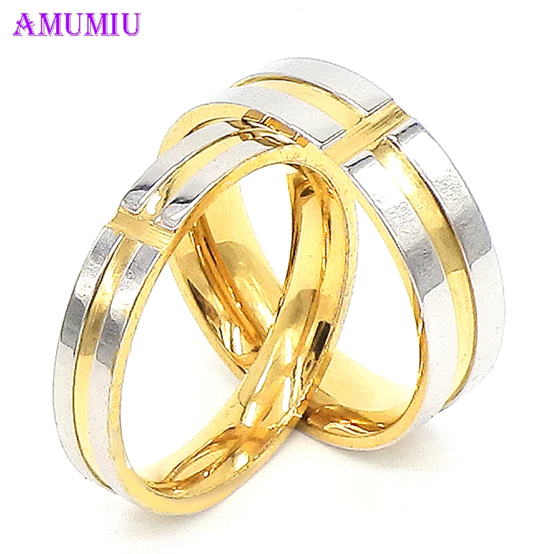 

AMUMIU Wedding Band Engagement Ring For Women Stainless Steel Gold Silver Cross Couples Ring Lovers Promise 4mm 6mm R021