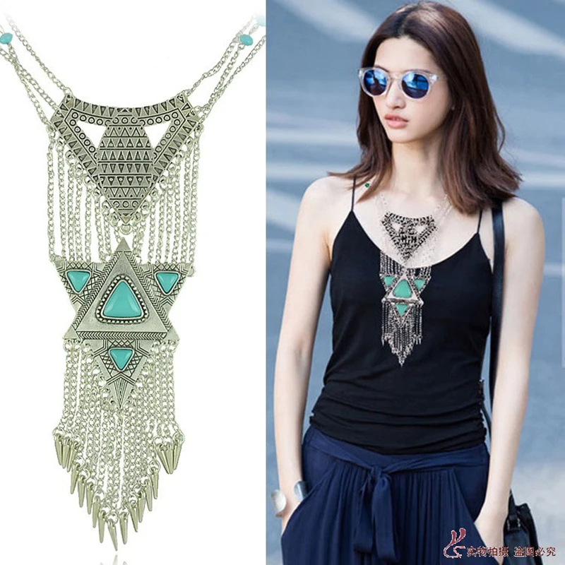 

European and American retro national bohemian exaggerated women's necklace Egyptian long fringed pine clavicle chain