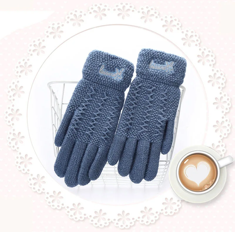 Женские модные зимние теплые милые Мультяшные вязаные перчатки для сенсорного экрана, женские мягкие Митенки на весь палец, черные перчатки 18E