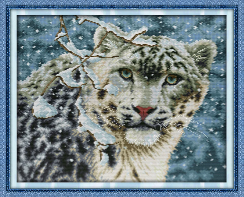 

Joy sunday animal style Snow leopard stamped or counted fabric cross stitch pattern kits with chart