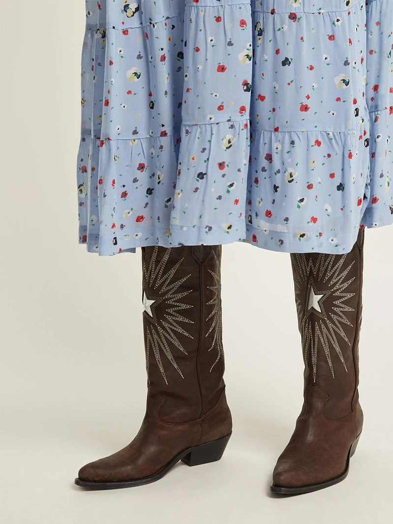 Nueva Botas Bordado Black Moda Cuadrado Costura Dedo La Estrella Del Cinco Rodilla Oro Puntas Tacón Altas brown Caballero Mujeres De 2019 Puntiagudo Pie dXO1wd