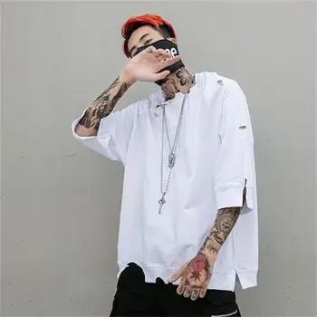 

Summer original high street irregular broken hole pin decoration men T-shirt loose fashion streetwear homme tee shirts