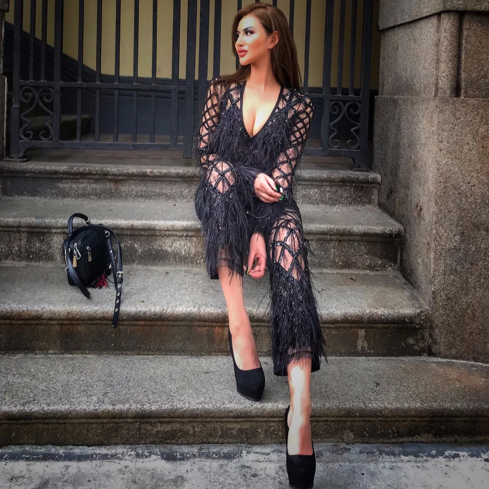 

Sexy Sequin Feather Jumpsuit Designer Luxury V Neck Long Sleeve Pearl Beading Bodysuit See Through Plaid Wide Leg Jumpsuit