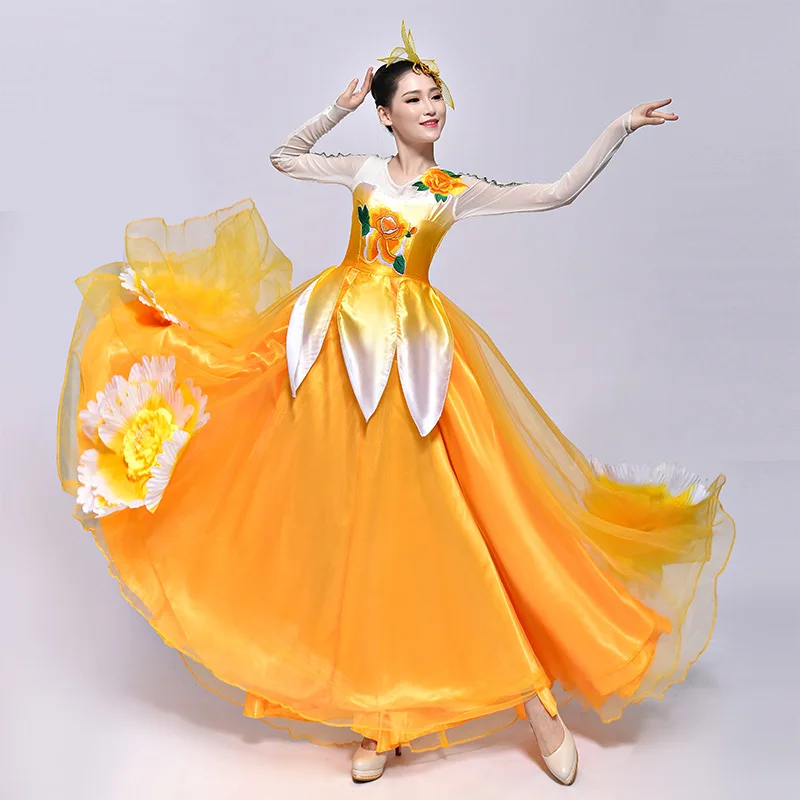 Желтые костюмы хора русский национальный костюм вышивка цветок 720 сценическая танцевальная одежда костюмы для современного танца Костюм TA1276