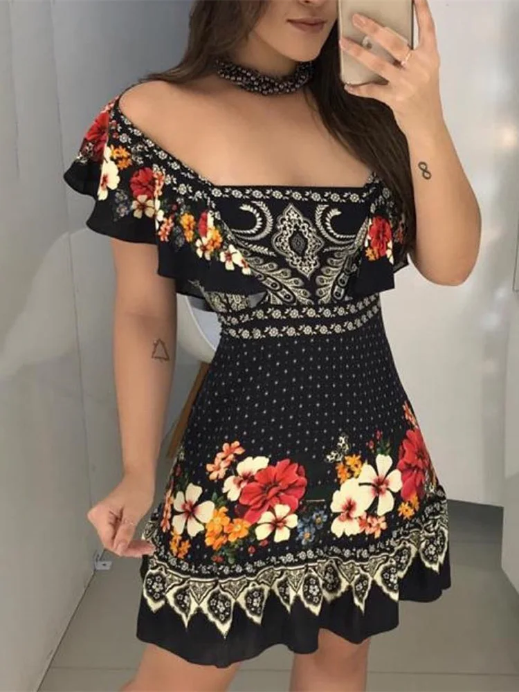 

2019 Summer Women Elegant Fashion Vacation Casual Mini Dress Female Leisure Stylish Off Shoulder Floral Print Ruffles Dress