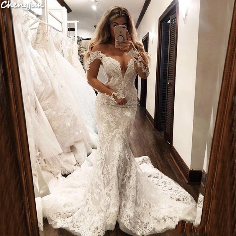 

Chengjun Italian Bodycon Lace Long Sleeve Mermaid Sexy Wedding Dress