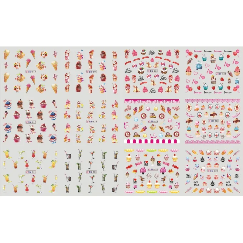 

12pcs in One Nail Water Decals Icecream/Cupcake/Lollipop Nail Sticker Nail Art Sticker Tattoo Decals BN817-828