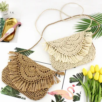 

FGGS-Tassel Straw Bag Paper Rope Hook Flower Big Flip Hand-Women Bag Casual Handbag Beach Bag