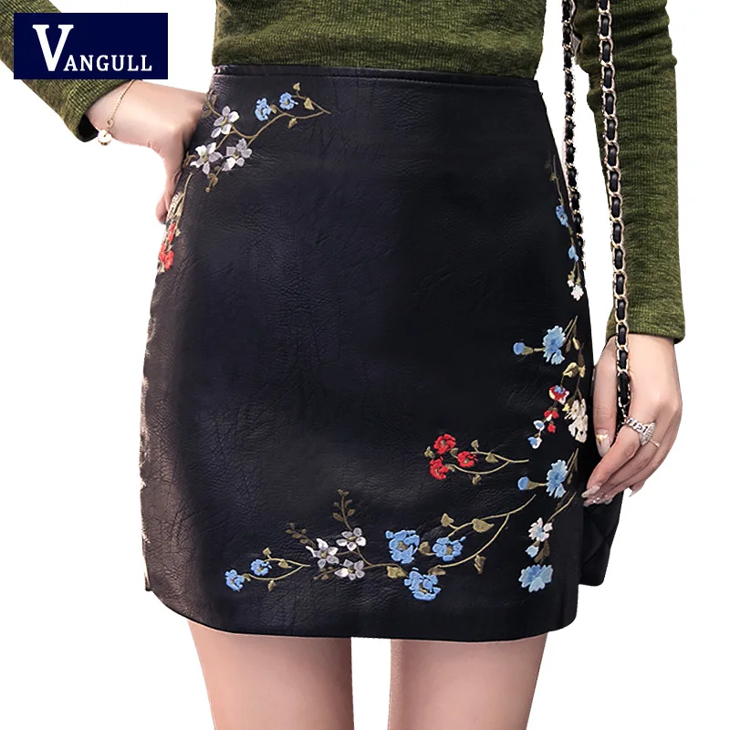 

Vangull Autumn Women Skirt Female Embroidery PU Leather Zipper Mini Skirt 2018 New Brand Ladies Fashion Vintage Pencil Skirts