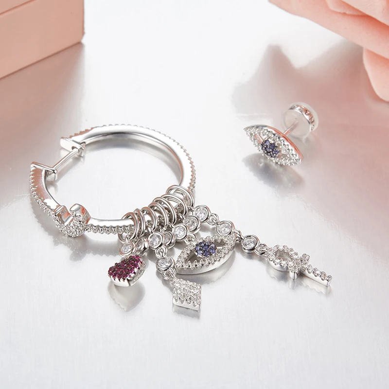 

[MeiBaPJ]The big European and American 925 Silver Inlaid Micro Eye Asymmetric Earrings Fashion Personality Temperament all-match