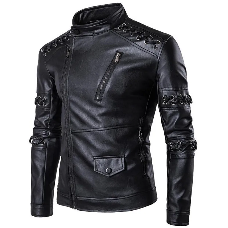 5XL Braided Rope Design Motorcycle Leather Jacket Men High quality PU Black Jackets and Coats Leather Jackets 2019 Male