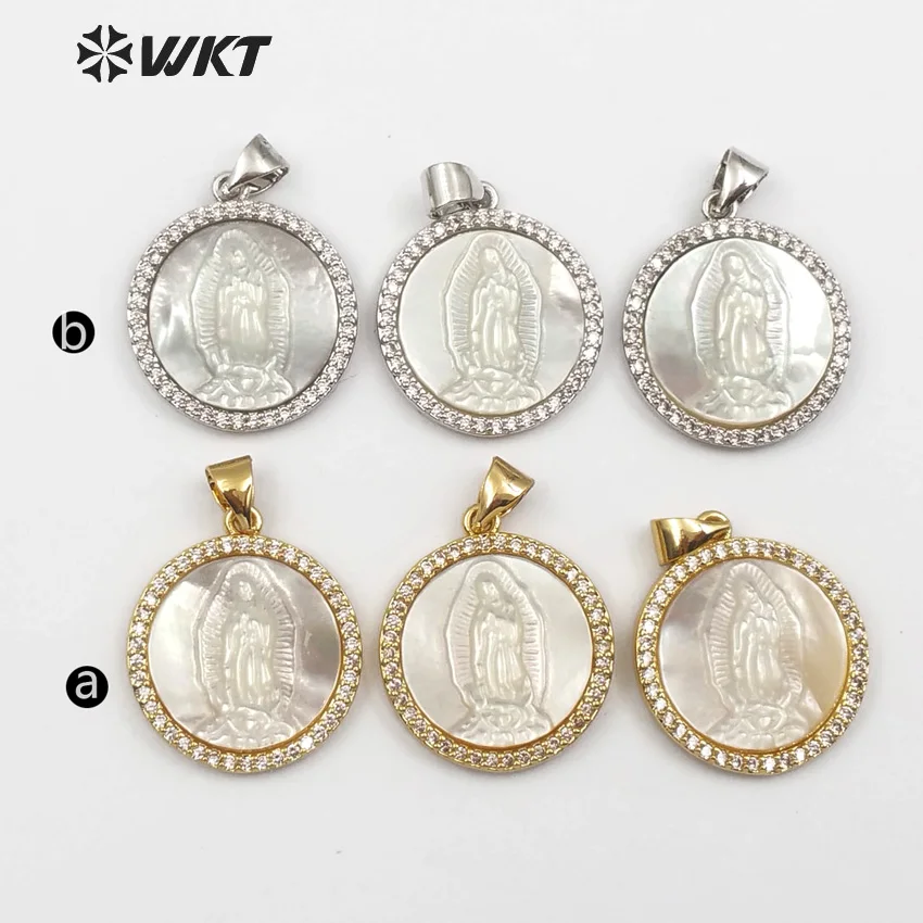 WT-MP112 WKT классический винтажный белый seashell металлический кулон религиозный круглый медальон Дева Мария с cz периферийное украшение