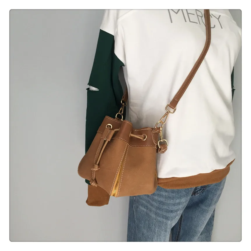 MJ Women Leather Handbags Vintage Suede PU Leather Crossbody Bag Drawstring Bucket Bag Female Small Messenger Bags Korean Style (5)