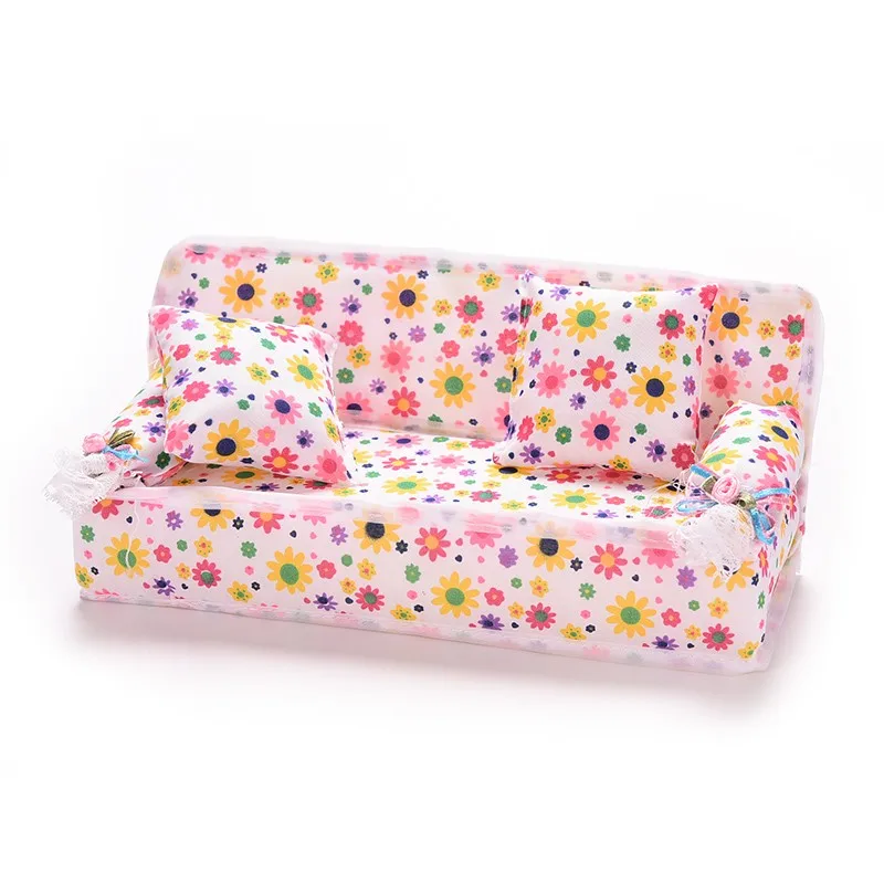 Mini Sofa Play Toy Flower Print Plush Furniture Sofa With 2 Cushions/Bed pink princess/HD TV/water dispenser For Girls' Gift