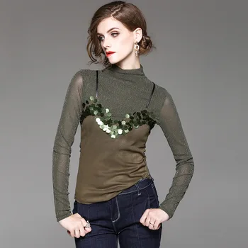 

American Style 2017 Autumn Ladies Winter Temperament Sequin Slim Super Elastic Perspective Under Shirts Ladies Patchwork T Shirt