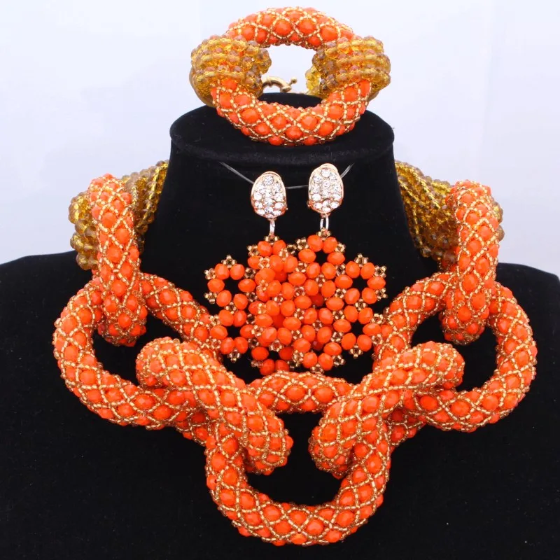 

Brand New African Bridal Sets Jewelry Orange Wedding Necklaces For Brides Nigerian Jewelry Sets For Women Free Shipping 2018 Hot