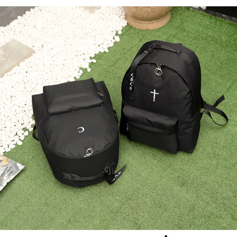 Moon Wood Men's Black Backpack Embroidery Moon Cross Backpack School Bags For Teenagers Girls Boys Students Travel Bag