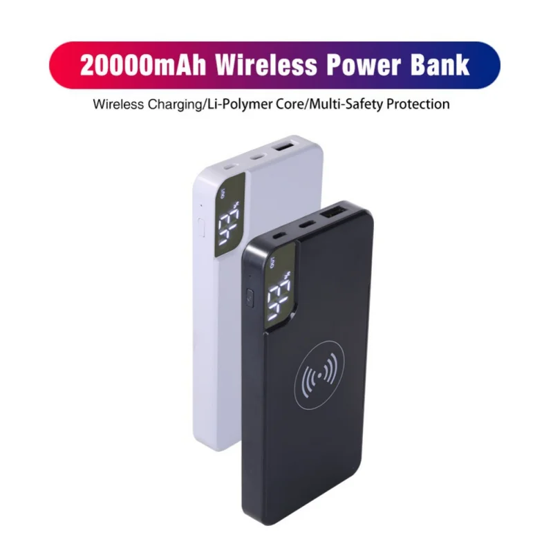 

20000mAh Wireless Power Bank Portable 2 in 1 input charging Micro USB Type-C LCD Battery Charger with Phone Holder