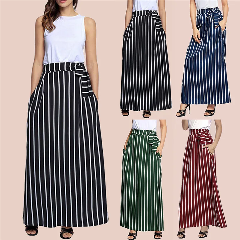 HOT sell Fashion 2018 Summer Skirt Womens Striped Ankle-length Chiffon Empire Lace-Up Vintage Long Skirt Femme Saia A06#N (14)
