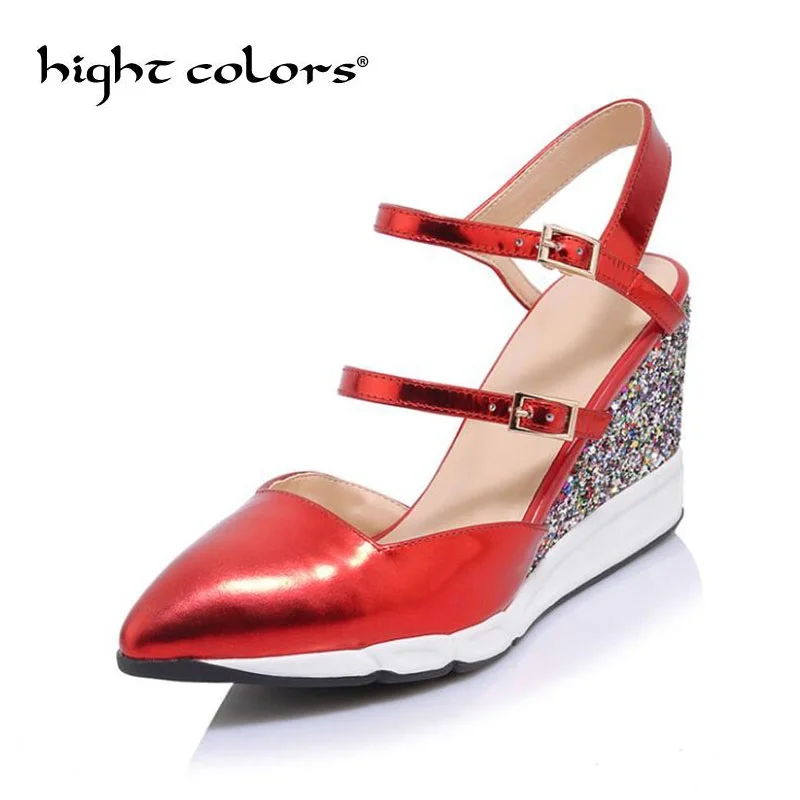 

Spring summer leather belt buckle sandals thick bottom platform wedges pumps sexy pointed high heels word buckle women's shoes