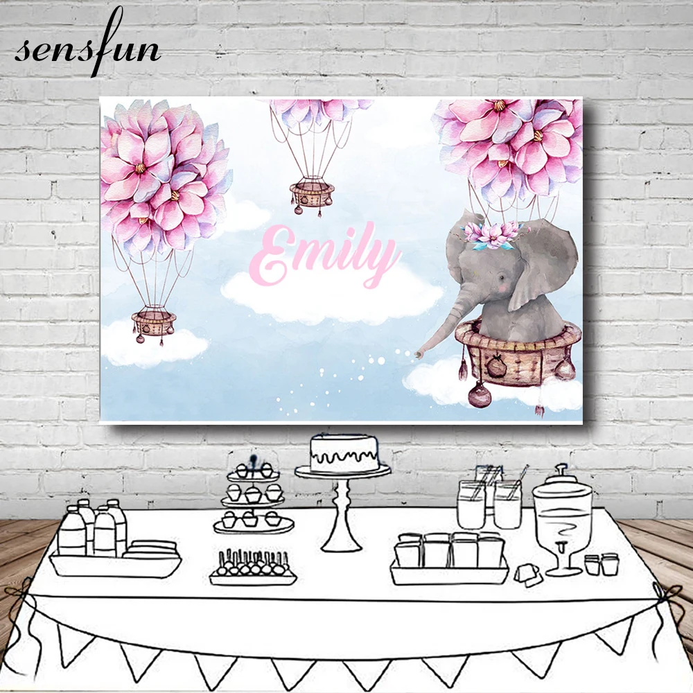 Sensfun слон Baby Shower фон голубой облака розовый цветок горячий воздух воздушный шар 1st День рождения Фоны винил 7x5FT