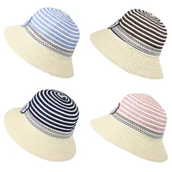 Милые дети девочки соломенная шляпа полосатые детские шляпы от солнца большой пляжный Навес Лето Boater пляж круглый плоский Топ fedora Шляпа 38-52