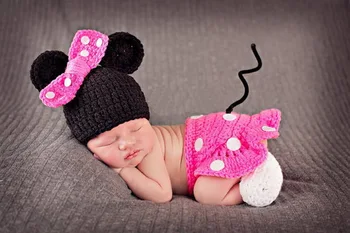 

Cute Cartoon Baby Handmade Knitting Crochet Knit Cartoon Minnie 3pcs Photo Photography Props Outfits Set For 0-1Month,3-4month