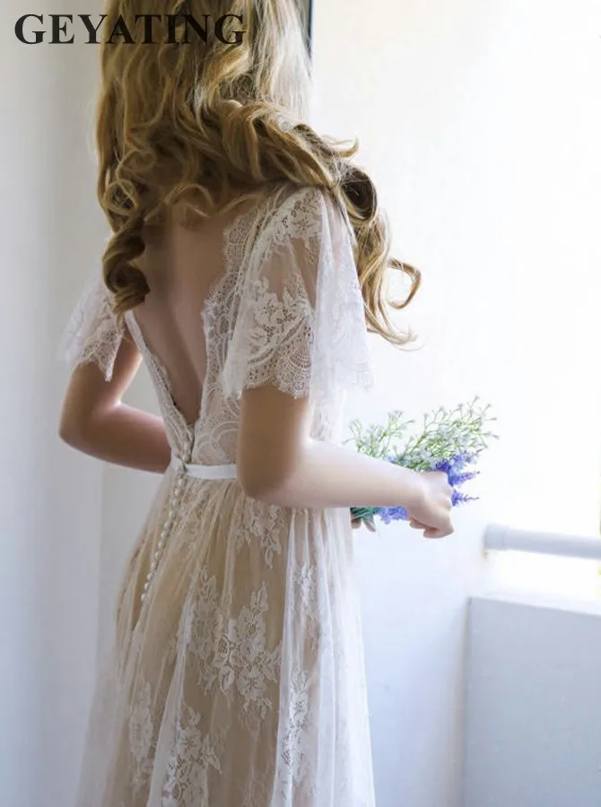 Винтажное кружевное Бохо свадебное платье сексуальное v-образный вырез с открытой спиной Обнаженная Подкладка развертки поезд загородное свадебное платье богемные невесты платья