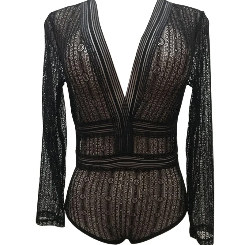 Women Lace Mesh Crochet Rompers Long Sleeve BodyconSexy Deep V Neck Bodysuit Autumn Jumpsuit Transparent Women Clothing Women Lace Mesh Crochet Rompers Long Sleeve BodyconSexy Deep V Neck Bodysuit Autumn Jumpsuit Transparent Women Clothing