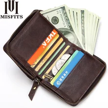 MISFITS Genuine Leather Wallet Men Vintage 100% Cowhide Leather Wallet Zip Coin Pocket Portomonee Male Short Purse Card Holder mingclan vintage trifold genuine leather wallet men design cowhide leather id card holder male purse short coin pocket bag purse