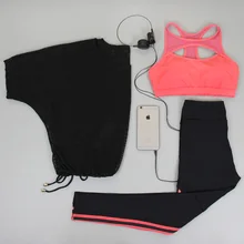 VERZY Для Женщин Йога набор 3 шт. Mesh Crop топ, футболка спортивный бюстгальтер+ штаны для йоги Фитнес костюм дышащие черные туфли Спортивная одежда спортивный костюм MN1785