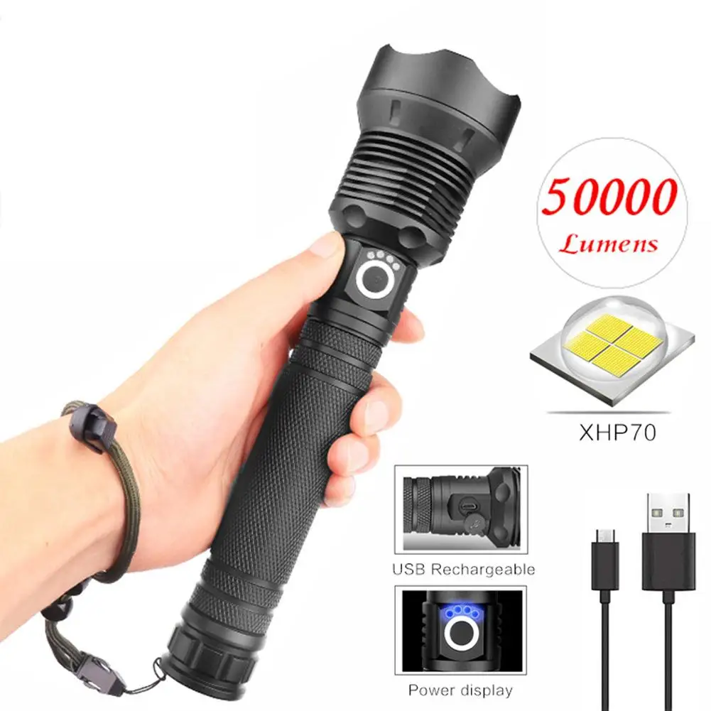 

Powerful LED Flashlight 200000LM XHP70 LED Flashlight Rechargeable Telescopic Zoom Waterproof Camping Flashlight