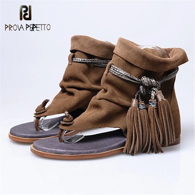 Prova Perfetto Gladiator Height Increased Hide Flip Flops Sandals Shoes Casual Suede Leather Lace-Up Tassels Flat Beach Shoes