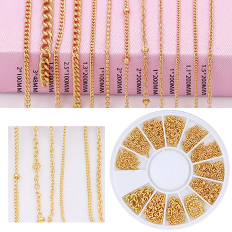 

1 Box Nail Gold Metal Chain Beads Line Multi-size Snake Bone DIY Design 3D Manicure Nail Art Decoration in Wheel Accessories