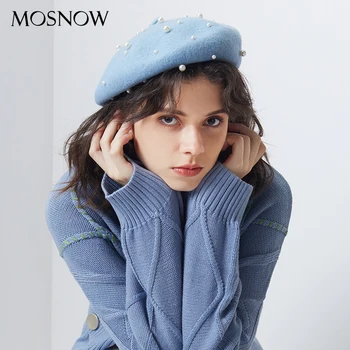 

2019 New Beret With Pearls For Woman Autumn Winter 100% Cashmere Pure Wool Knitted Bead Pearl Cap Warm Girl Painter Ladies Hat