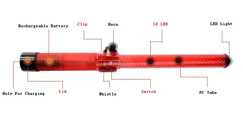 43 см длинные Перезаряжаемые Стиль led трафика Предупреждение красный Батон с Свистки аварийного Ann glo-палочки