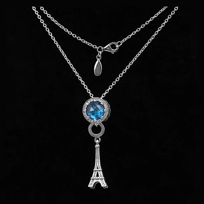 

925 Sterling Silver Necklace Blue Round Crystal Eiffel Tower 50CM 70CM Pendants & Necklaces Women Sterling Silver Jewelry LN130