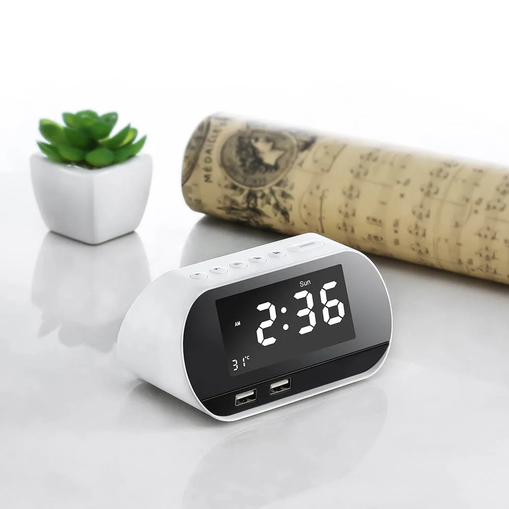 

Alarm Clock Smart Wireless Radio LCD Permanent Calendar Temperature Display Intelligent T2 Dual USB Rechargable Alarm Clock