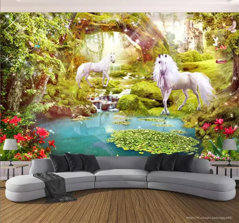 

Custom Any Size Murals Wallpaper 3D White Horse Forest Landscape Photo Wall Cloth Living Room TV Sofa Papel De Parede 3D Sala