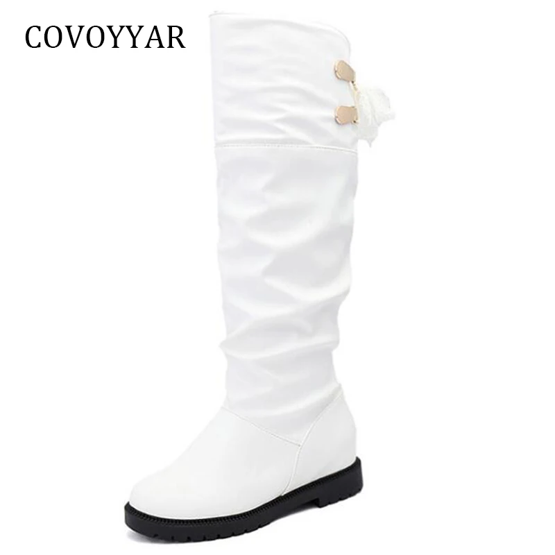 

COVOYYAR 2019 Knee High Boots Autumn Winter Pleated Slim Long Knight Boots Women Back Cross Tied Black White Shoes WBS900