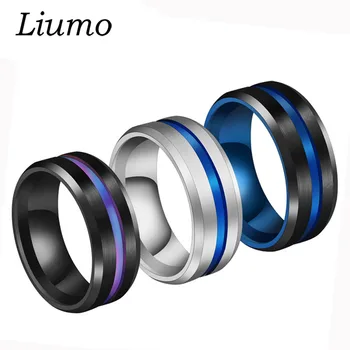 

Liumo Punk Style Black Rainbow Blue Thin Line Men 316L Stainless Steel Fashion Biker Ring Lr850
