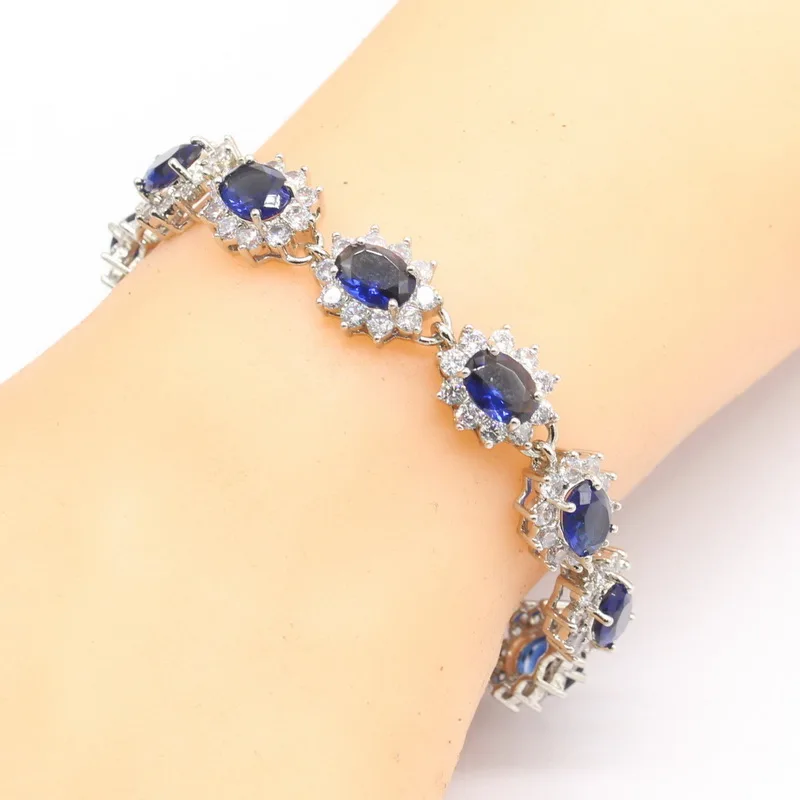 Овальные темно-синие полудрагоценные женские серебряные Ювелирные наборы ожерелье кулон серьги кольца расширенные браслеты подарок на день рождения
