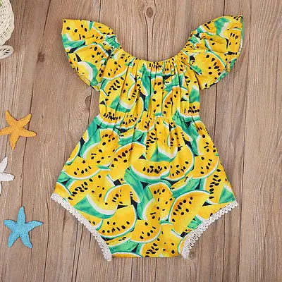 

New 2017 Cute Newborn Baby Girl Sleeveless Bodysuit+Headdress Outfit watermelon Sunsuit Clothes
