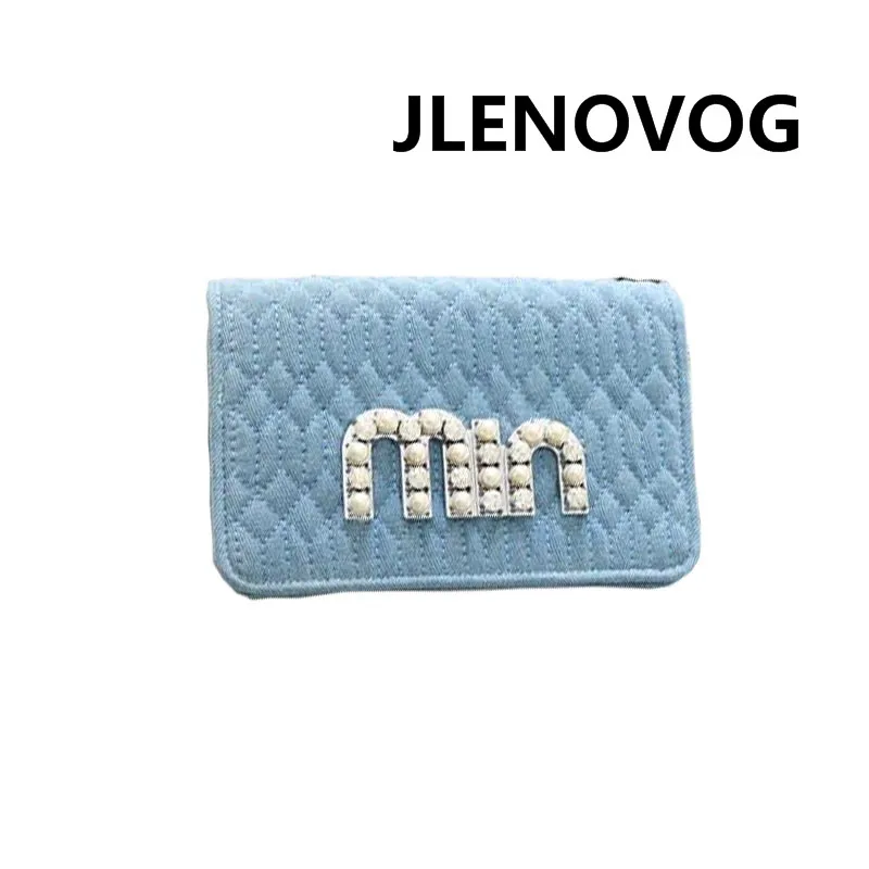 

One Shoulder Diagonal Portable Soft Handle Outdoor Travel Beach New Fashion Diamond Letter Denim Blue Sling Chain Bag