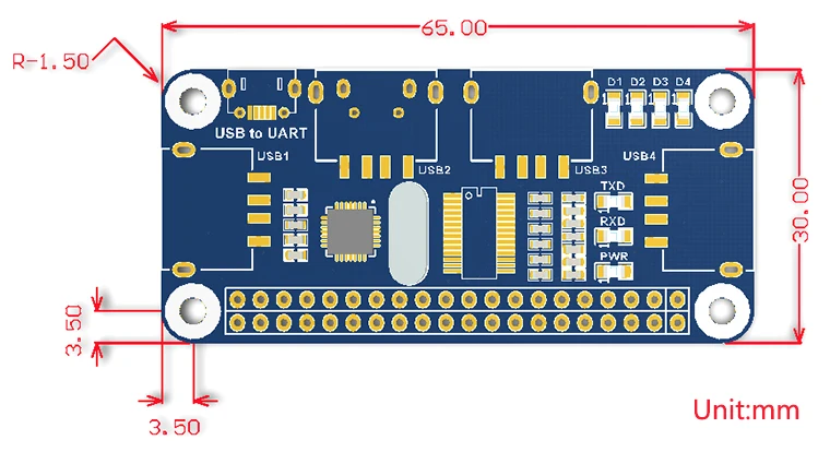 Шапка с 4 портами usb-хаб для Raspberry Pi B+/2B/3B/3B+/Zero W, USB-UART для последовательной отладки, совместимая с USB2.0/1,1